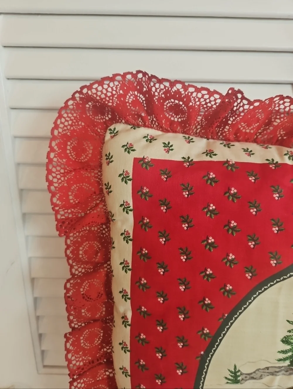 Vintage Christmas Pillow Handmade Double Sided 15” Buck Doe Deer Cardinals Lace